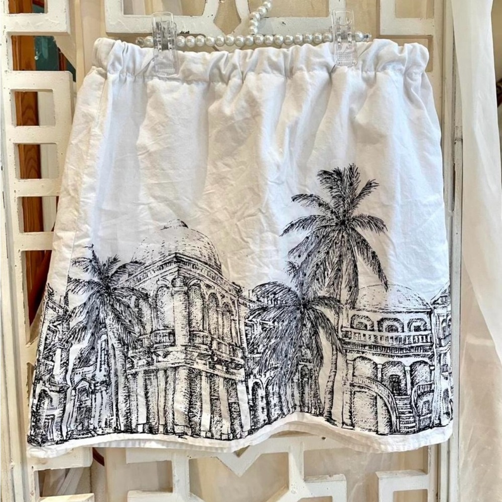 Y2K White Cotton Skirt with palm tree/european print & sequins